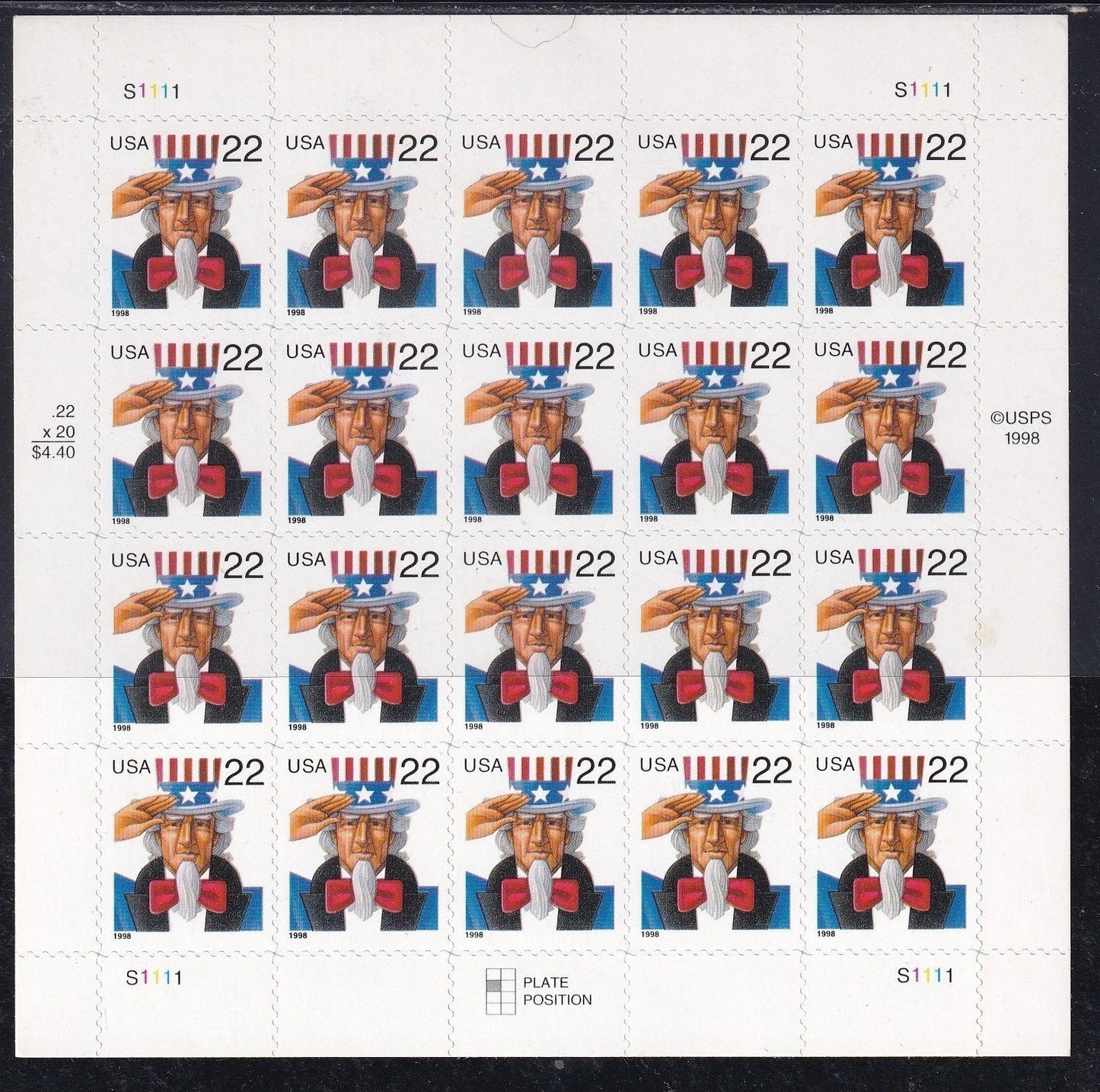 NOT Forever Stamp-22¢ Stamps 1998 Uncle Sam – Patriotic Symbol, First-Class Postage