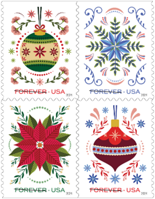 Forever Stamps 2024 Christmas Ornaments & Holiday Florals – Holiday Celebration, First-Class Postage