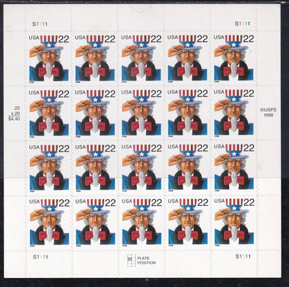 NOT Forever Stamp-22¢ Stamps 1998 Uncle Sam – Patriotic Symbol, First-Class Postage